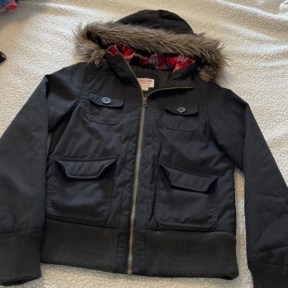 Women’s size small winter coat with faux fur hood.